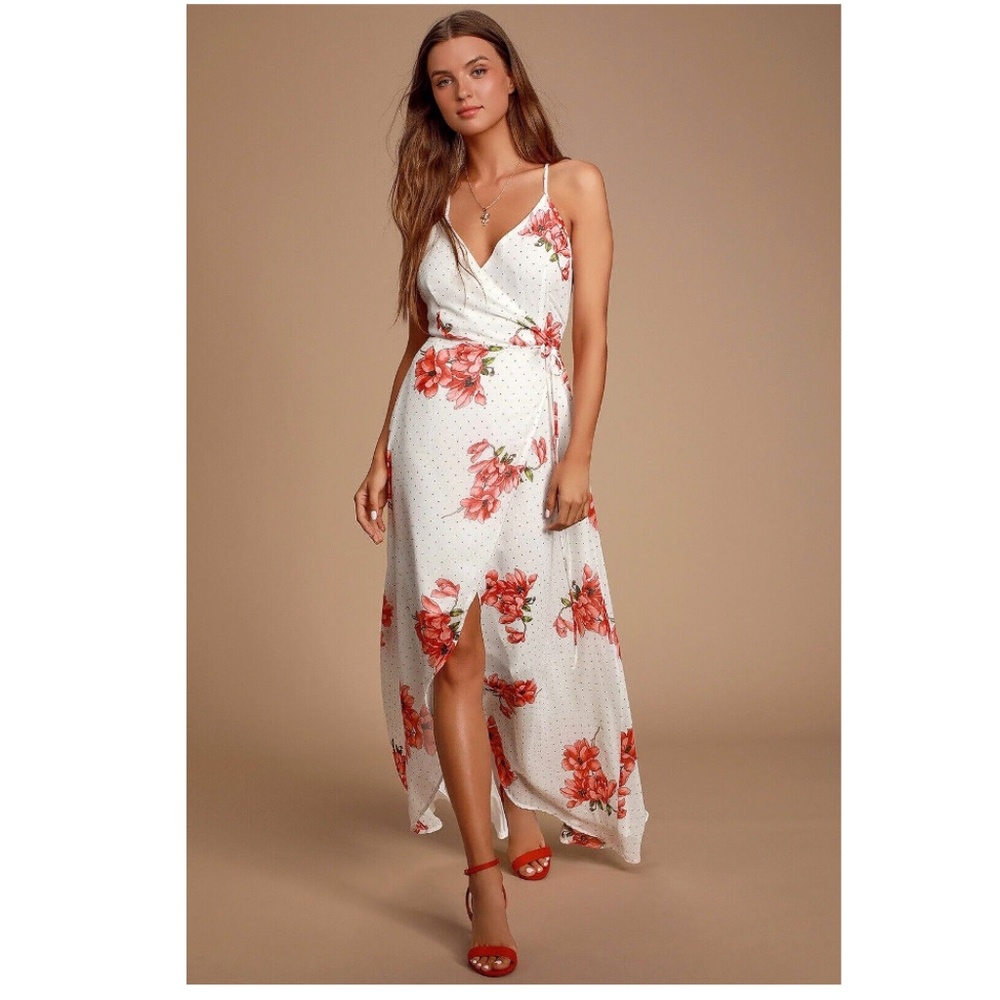 Lulu's Loiselle White Floral / Polka Dot Sleeveless Wrap Maxi Dress Size S *NWT*